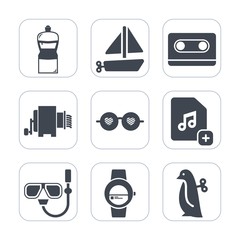 Premium fill icons set on white background . Such as cassette, sunglasses, toy, gadget, music, water, cleaner, housework, mask, snorkel, children, add, fun, animal, summer, pasta, bucket, white, space