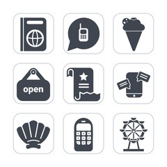 Premium fill icons set on white background . Such as sign, wheel, technology, vanilla, phone, communication, call, chat, international, food, ringing, file, sea, dessert, eye, ice, park, carousel, old