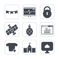 Premium fill icons set on white background . Such as heartbeat, health, spaceship, pulse, clothing, station, space, shuttle, protection, sign, decoration, exotic, tower, party, tropical, holiday, food