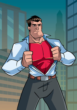Illustration of businessman in city, revealing his true identity of powerful superhero.