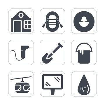 Premium fill icons set on white background . Such as interior, paint, drill, color, user, road, house, drop, yacht, train, architecture, rail, profile, concept, dentist, human, medical, dental, estate