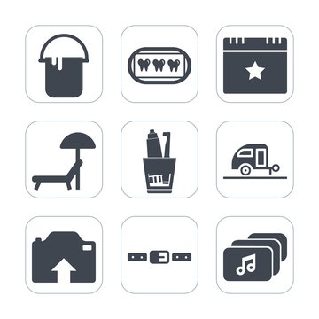 Premium fill icons set on white background . Such as file, sunbed, house, man, star, caravan, travel, healthy, summer, chair, beach, umbrella, success, party, toothbrush, paint, care, health, journey