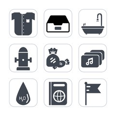 Premium fill icons set on white background . Such as travel, food, fire, male, document, drink, clothing, shirt, clothes, cotton, national, file, drop, shower, lollipop, tourism, music, passport, data