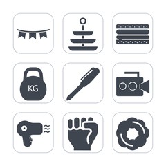 Premium fill icons set on white background . Such as happy, heavy, meat, cheeseburger, kitchen, cake, background, human, finger, doughnut, dryer, decoration, burger, dessert, equipment, handle, party