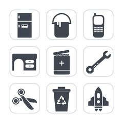 Premium fill icons set on white background . Such as waste, appliance, craft, space, recycle, business, paint, spaceship, desk, stationary, phone, table, food, wall, work, interior, equipment, tool