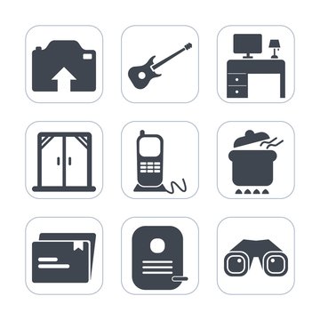 Premium fill icons set on white background . Such as window, guitar, interior, picture, space, photo, notebook, house, music, white, dish, desk, upload, rock, communication, camera, concert, home, top
