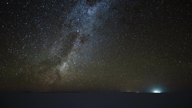 Starry sky timelapse over the salt flat of Salar de Uyuni, Altiplano, Bolivia. Clip version with more sky and less of ground.
