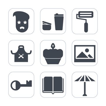 Premium fill icons set on white background . Such as hipster, mug, sweet, drink, coffee, morning, table, tool, japan, textbook, old, roll, hot, art, umbrella, wagasa, restaurant, sign, chief, book
