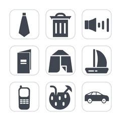 Premium fill icons set on white background . Such as tent, stationary, wind, waste, cocktail, necktie, speaker, suit, drink, summer, telephone, pollution, rubbish, glass, fashion, juice, box, business
