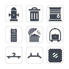 Premium fill icons set on white background . Such as hanger, water, mail, post, calendar, equipment, fire, rubbish, trash, safety, chef, up, fashion, reminder, cloakroom, interior, hotel, agenda, room