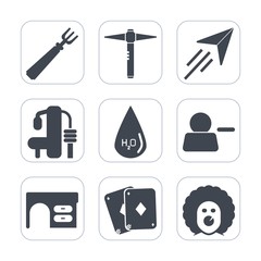 Premium fill icons set on white background . Such as character, dinner, plane, account, construction, restaurant, game, water, work, exercise, fly, holiday, drop, kitchen, clown, delete, airplane, air