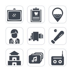 Premium fill icons set on white background . Such as baseball, entertainment, business, dental, patient, medical, boy, league, young, travel, temple, home, medicine, food, work, clinic, television, tv