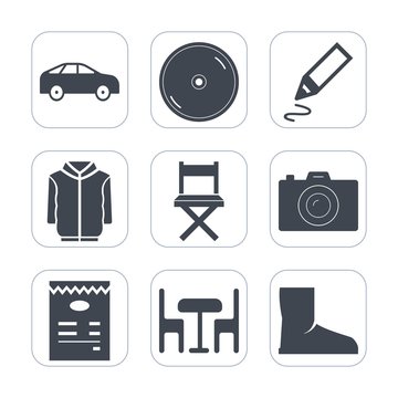 Premium fill icons set on white background . Such as furniture, technology, table, chair, compact, equipment, pen, car, business, fashion, disc, tool, sound, shirt, photography, move, sign, disk, boot