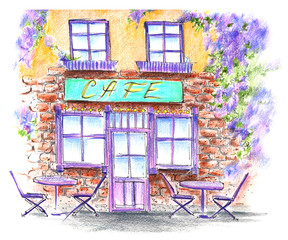 Handwork watercolor illustration. Street Cafe. Provence France. - 203048506