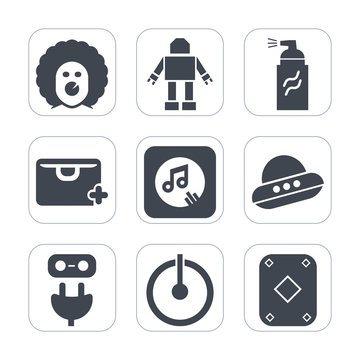 Premium fill icons set on white background . Such as machine, spaceship, plug, robot, street, music, halloween, technology, makeup, character, spacecraft, paint, electricity, circus, game, abstract