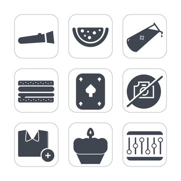 Premium fill icons set on white background . Such as chemical, fresh, t-shirt, white, concept, electric, fruit, science, object, atom, lamp, snack, photo, cake, burger, fast, watermelon, no, summer