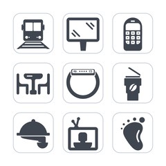 Premium fill icons set on white background . Such as restaurant, newborn, sign, family, drink, cup, service, banner, travel, city, waitress, road, phone, street, waiter, screen, transportation, train