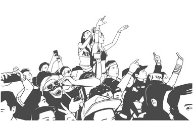 Illustration of large croncert crowd of people cheering at festival party with hands raised