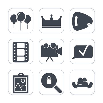 Premium fill icons set on white background . Such as instrument, electric, queen, light, clothing, crown, string, birthday, music, video, image, projection, sound, presentation, guitar, clothes, chat