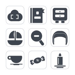 Premium fill icons set on white background . Such as ocean, helmet, contact, address, marine, drawer, cabinet, sweet, lollipop, decoration, vessel, web, equipment, candy, coffee, phone, cafe, boat