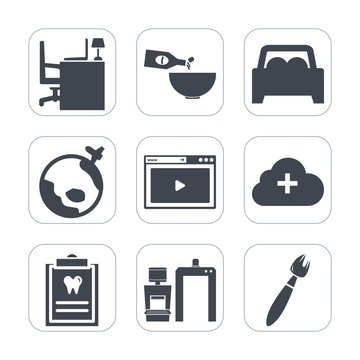 Premium fill icons set on white background . Such as media, wine, dentistry, flight, patient, glass, dentist, car, scan, web, food, brush, automobile, xray, travel, red, world, sign, transportation
