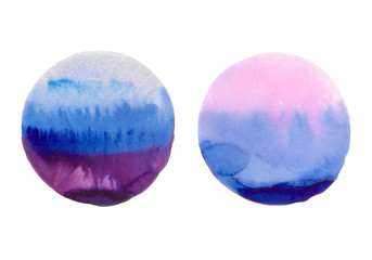 Two beautiful abstract grunge decorative paintings, purple blue and pink blue dots, circles. Handmade watercolor painting. White horisontal background with copy space.