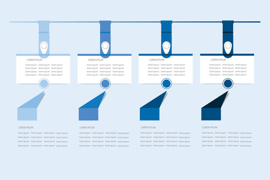 Set of six infographic hanging rectangular labels in the shadows of blue color.