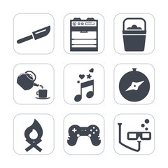 Premium fill icons set on white background . Such as food, cup, metal, joystick, cutlery, hot, fork, tea, note, mask, sound, north, flame, kitchen, restaurant, campfire, handle, electric, compass, map