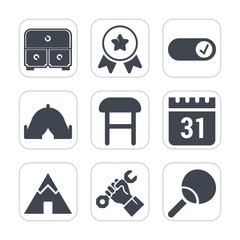 Premium fill icons set on white background . Such as tourism, office, chair, leisure, builder, sport, landscape, schedule, construction, tennis, win, adventure, comfortable, day, champion, competition