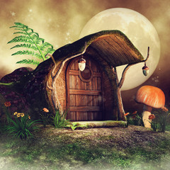 Baśniowy domek w pniu drzewa na zielonej łące © Obsidian Fantasy