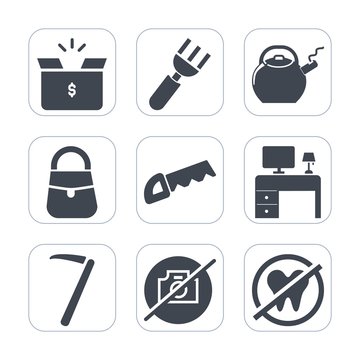 Premium fill icons set on white background . Such as food, healthy, camera, construction, fashion, dentist, cardboard, desk, transportation, tool, kettle, fork, office, container, business, white, tea