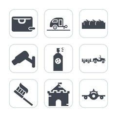 Premium fill icons set on white background . Such as , store, camera, caravan, organic, clean, airplane, adventure, fruit, box, security, trailer, bag, sign, healthy, departure, buy, health, gift