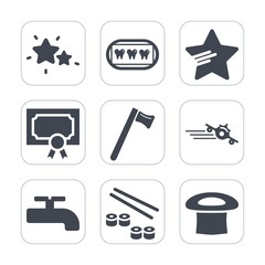 Premium fill icons set on white background . Such as night, wrench, universe, crane, hammer, dentistry, salmon, fish, care, departure, diploma, mouth, tooth, sky, spanner, certificate, plane, dentist
