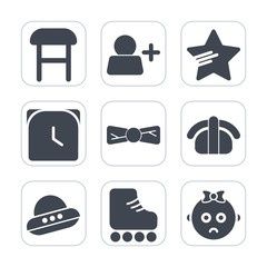 Premium fill icons set on white background . Such as room, internet, fashion, minute, child, time, sign, social, white, leisure, watch, baby, sushi, tie, elegance, chair, sport, user, ufo, home, clock