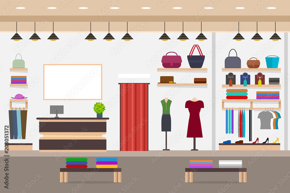 Canvas Prints Cartoon Fashion Shop Interior with Furniture Card Poster. Vector