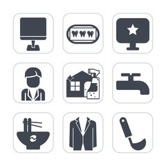 Premium fill icons set on white background . Such as meal, people, tooth, suit, dentist, mouth, care, crane, casual, cleaner, housework, laptop, computer, noodle, business, kitchen, boy, sign, fashion