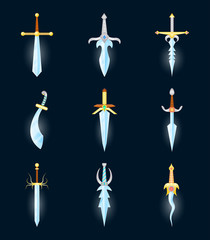 Cartoon Magic Swords Color Icons Set. Vector