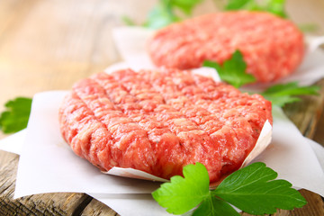 Raw minced meat for home made grill burgers cooking with spaces and herbs.