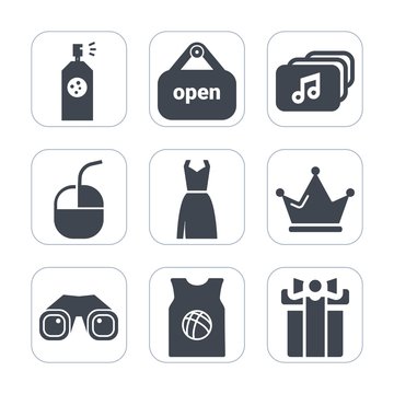 Premium fill icons set on white background . Such as document, queen, king, binocular, device, celebration, team, object, store, door, spray, gift, mouse, dress, holiday, open, computer, royal, sign