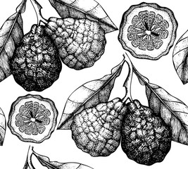 Vector seamless pattern with ink hand drawn citrus fruit, flowers, slice and leaves sketch. Vintage background with bergamot plants.