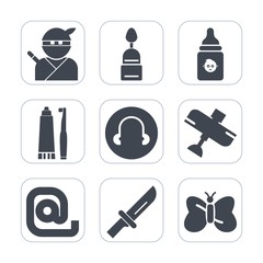 Premium fill icons set on white background . Such as flight, mail, sword, cookie, hygiene, muffin, dessert, aircraft, doughnut, fork, dinner, japan, envelope, butterfly, black, white, plastic, sweet