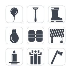 Premium fill icons set on white background . Such as footwear, style, boot, decoration, foot, bulb, box, candle, equipment, energy, balloon, wear, wrench, idea, tool, traffic, sign, light, leather