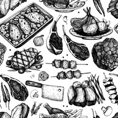 Vector backgorund with hand drawn food illustrations. Restaurant menu design. Meat products collection. Vintage seamless pattern. 