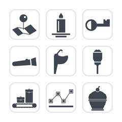 Premium fill icons set on white background . Such as bathroom, flashlight, food, lock, faucet, pin, lamp, map, sink, night, pie, security, torch, decoration, chart, marker, data, celebration, street