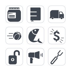 Premium fill icons set on white background . Such as goal, object, sport, dollar, football, service, shipping, truck, megaphone, ball, textbook, sweet, player, jar, food, book, kick, transport, fork