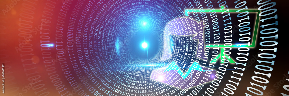 Poster presentation against spiral of shiny binary code