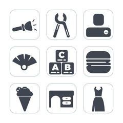 Premium fill icons set on white background . Such as light, cheeseburger, table, ice, child, fan, social, dress, food, service, business, sensu, sandwich, childhood, electric, flashlight, work, lamp