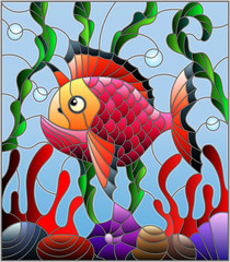 Illustration in stained glass style with abstract colorful exotic fish amid seaweed, coral and shells