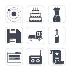 Premium fill icons set on white background . Such as paper, document, chief, media, computer, radio, transport, cake, diskette, sweet, system, printer, technology, pie, bakery, laboratory, solar, disk
