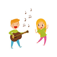 Little boy playing guitar and singing, girl dancing. Cheerful kids having fun together. Flat vector design